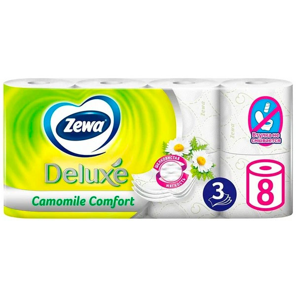 Туалетная бумага Zewa Deluxe 3 слоя Ромашка, 8шт